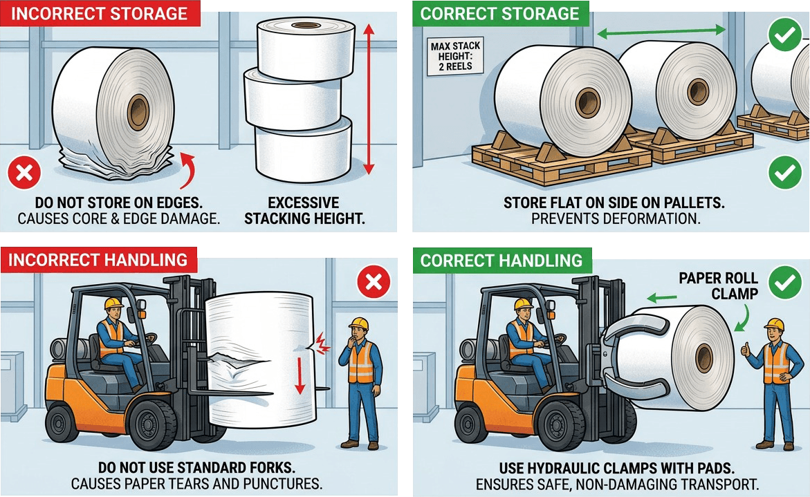 Correct vs incorrect paper roll storage and handling